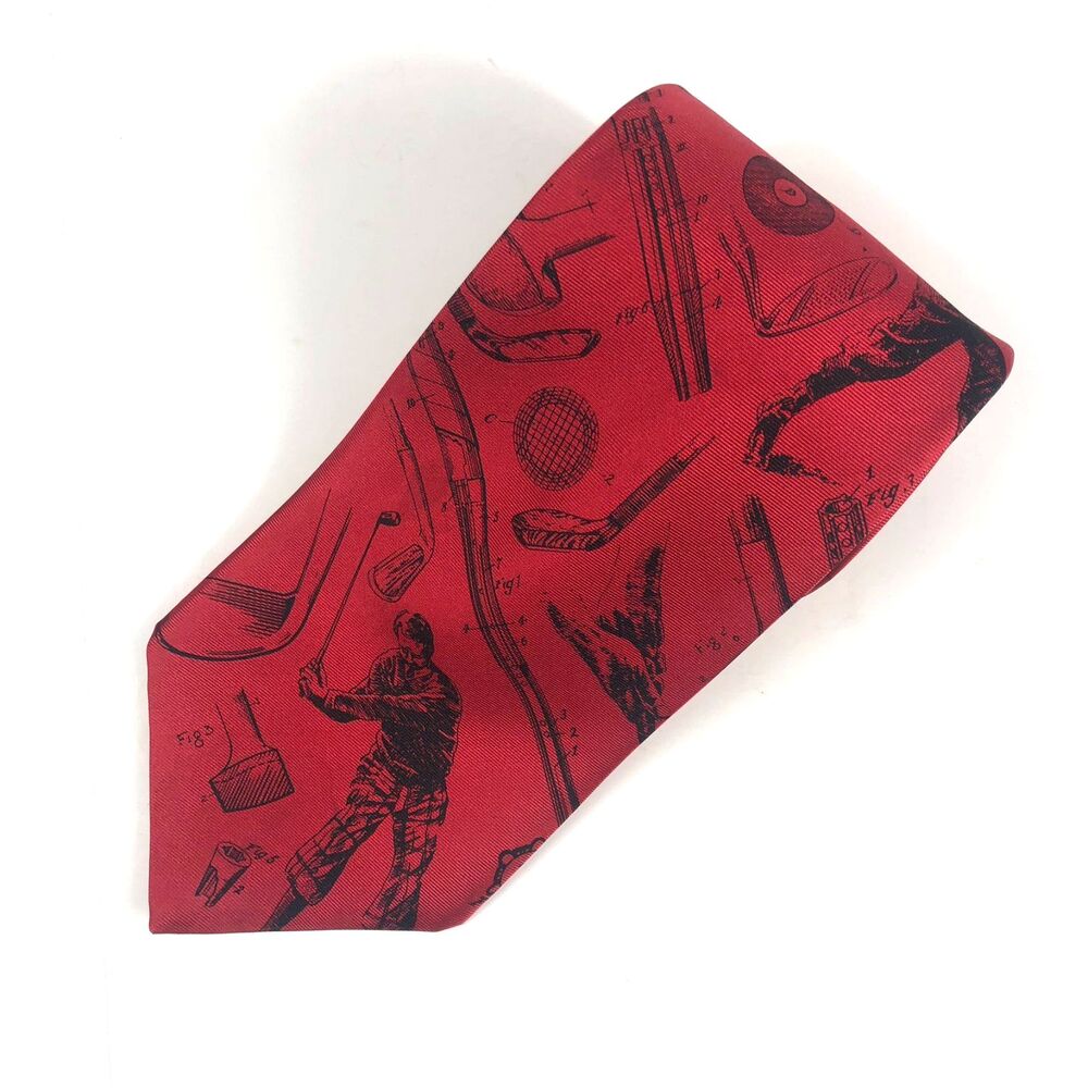 RM Style Silk Tie Red Black Golf Sports Patent Print Vintage Novelty Necktie